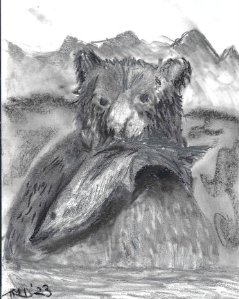 Graphite Charcoal Drawing | Bear catching fish | Wildlife Wall Art Printable | Bear Graphite Drawing | Wild Animal Sketch | INSTANT DOWNLOAD