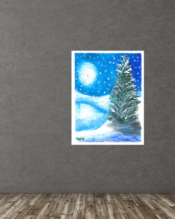 Full Moon Glowing on Snowy Hill Poster | Stars Snowy Mountain Pine Trees Print | Wall Decor | Portrait Nature Wall Art | Ritual Meditation