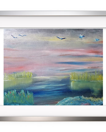 Oil Painting Sunrise Landscape Prints | Smooth Painting Marsh Water | Oil Painting Modern Art Prints | Wall Painting for Modern Living Room